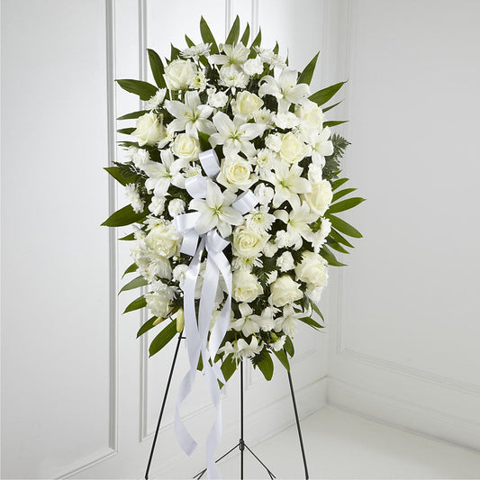 Exquisite Tribute Standing Spray-White Ribbon –  Maison Des Fleur Blossome, Laval PQ