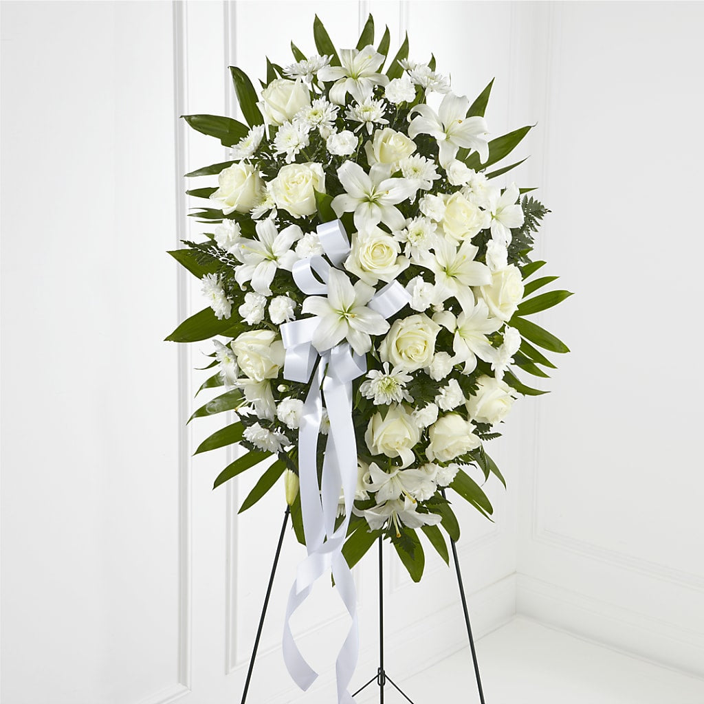 Exquisite Tribute Standing Spray-White Ribbon – MAISON DES FLEUR BLOSSOME, Laval PQ