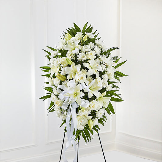 Exquisite Tribute Standing Spray-White Ribbon –  Maison Des Fleur Blossome, Laval PQ